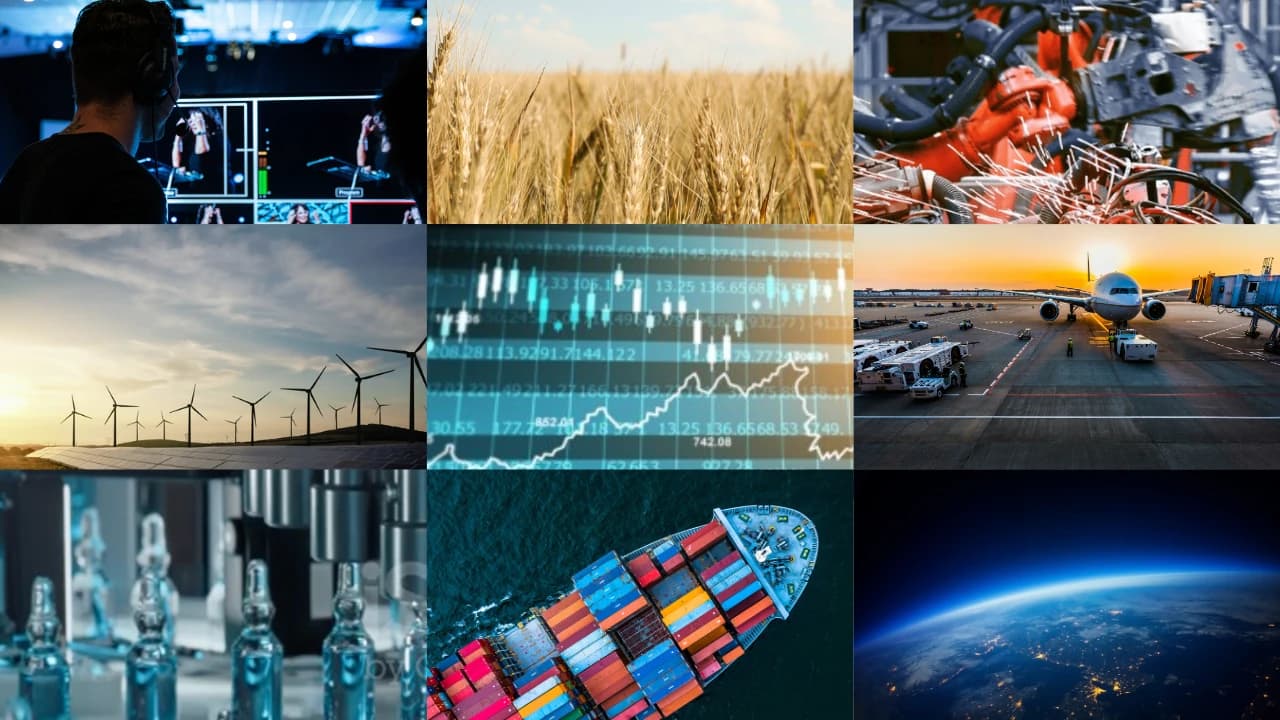 A collage of nine images depicting diverse global industries and modern concepts. Featured scenes include media production, agriculture, manufacturing, renewable energy, financial markets, air travel, medical science, global shipping, and Earth from space.