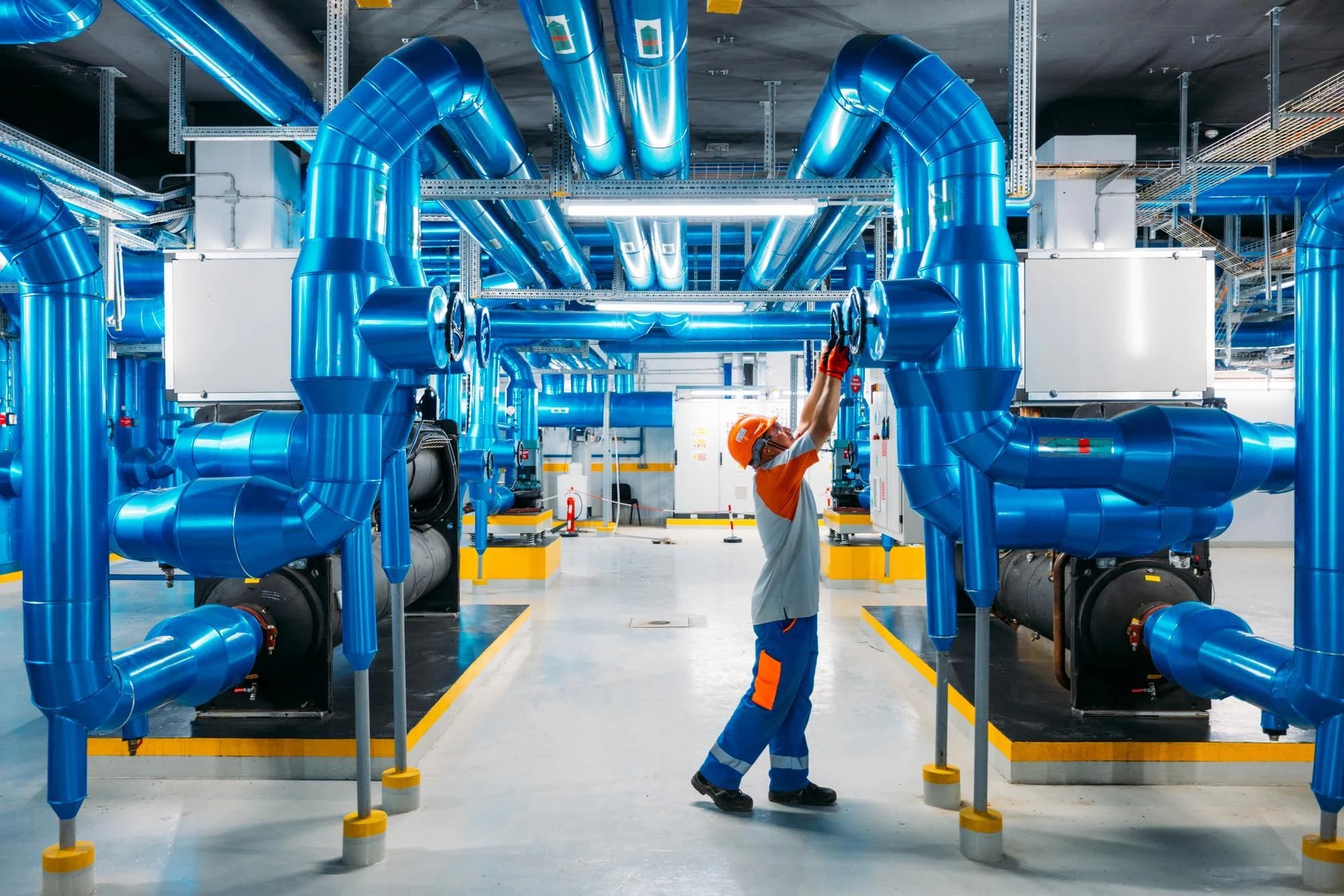 Un travailleur en équipement de sécurité orange et bleu ajuste une grande vanne sur un vaste réseau de tuyaux bleus brillants dans une salle des machines industrielle moderne et éclairée.