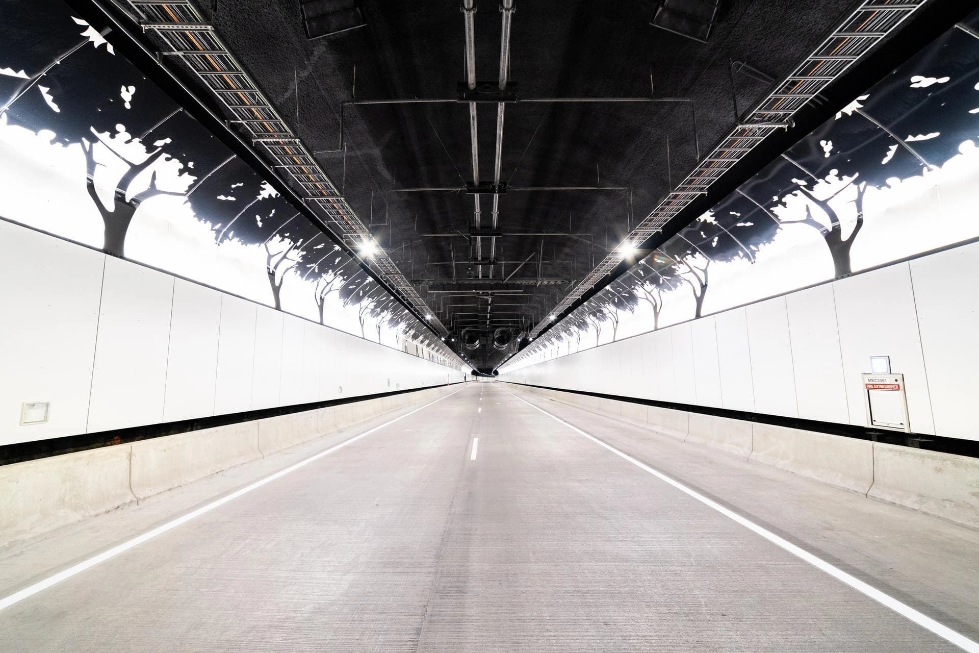 Vue en profondeur d'un tunnel routier moderne et vide. Les murs sont blancs, le plafond est noir, et la chaussée grise présente des lignes blanches avec des silhouettes d'arbres noires éclairées le long des parois supérieures.