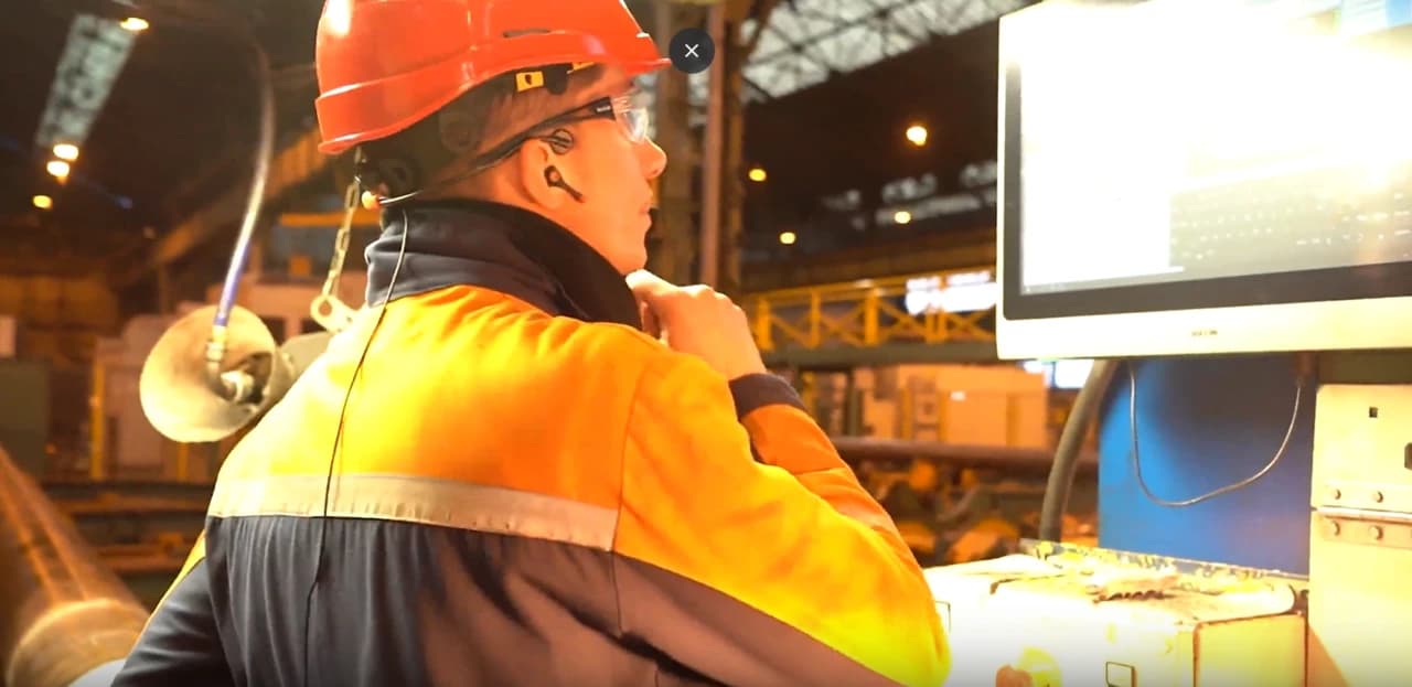 Profil d'un travailleur portant un casque orange, des lunettes de sécurité et une veste haute visibilité bicolore orange et bleu foncé, regardant un écran d'ordinateur lumineux dans un environnement industriel.