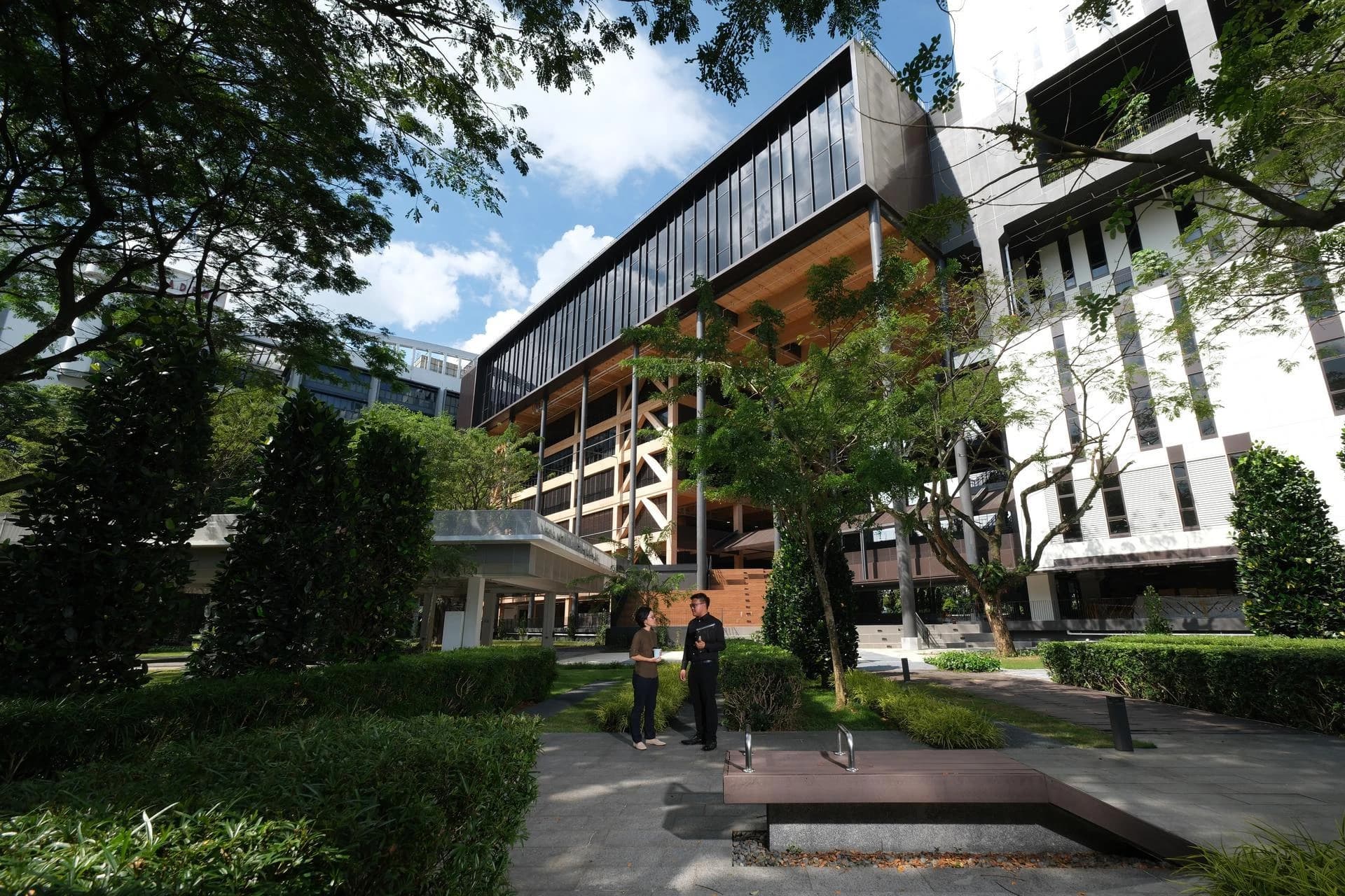 Un bâtiment moderne avec des façades en verre sombre et une structure inférieure en bois apparent, ornée de poutres croisées, est encadré par des arbres verts luxuriants sous un ciel bleu clair. Au premier plan, deux personnes discutent sur un chemin pavé dans un jardin paysager.