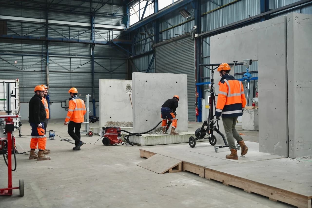 Cinq ouvriers en équipement de sécurité orange travaillent dans un grand hangar industriel, forant des blocs de béton avec des outils électriques et déplaçant du matériel.