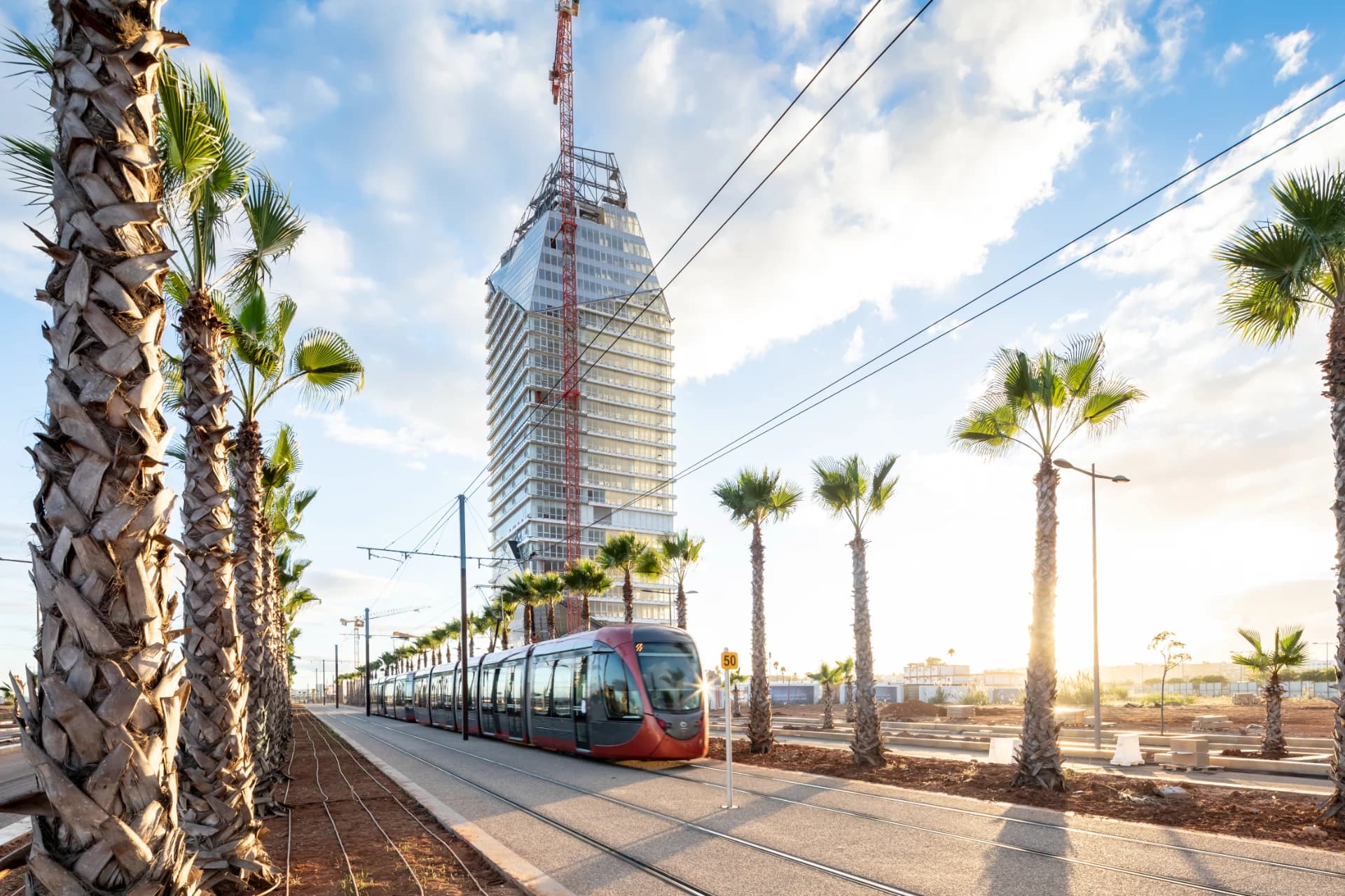 Un tramway rouge et gris circule sur des rails bordés de palmiers, avec un gratte-ciel en construction et une grue sous un ciel bleu lumineux au lever ou au coucher du soleil.